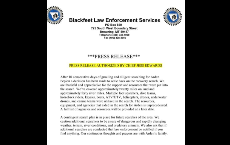 Blackfeet Law Enforcement Services scale back on recovery search for Arden Pepion